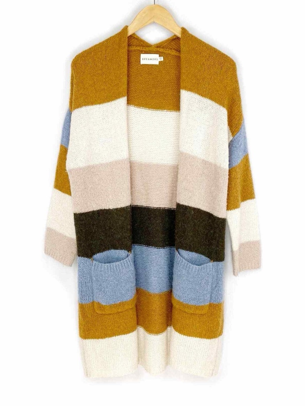 Dreamers Mustard, Blue, Cream & Olive Striped Open Cardigan